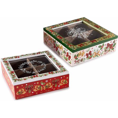 Scatole in legno natalizia per té e spezie con 4 scomparti, set da 2 pezzi, cm 18 x 18 x 6 H