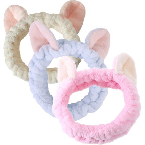 Kit de 3 bandeaux oreilles pour femme - Bandeau chat en peluche mignon pour maquillage, idéal pour se laver le visage sous la douche (1/5)