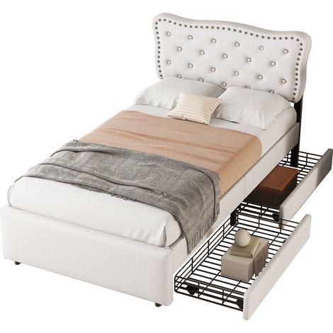 Einzelbett 90 x 200 cm aus MDF und Leinen, 2 Schubladen und Verstellbares Kopfteil, ohne Matratze, Hellbeige (1/5)
