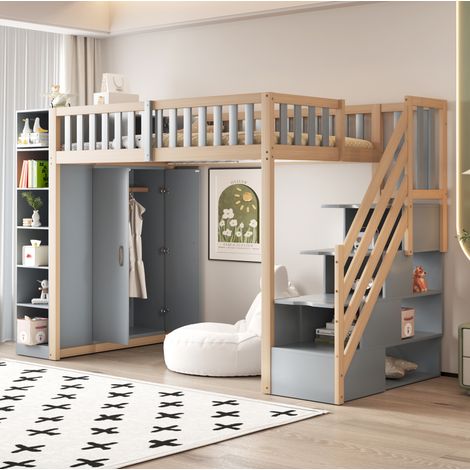 DESVIAE Lit mezzanine 90 x 200 cm avec armoire intégrée étagères placards et échelle sécurisée avec tiroirs gris et bois naturel (1/5)