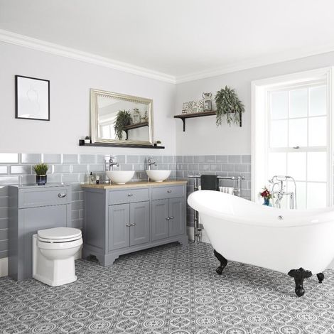 Milano Thornton Light Grey Bathroom Suite with Freestanding Double Ended Slipper Bath and Feet 1210mm Vanity Unit with Countertop Basin and Back to Wall Toilet WC Unit - Black Ball & Claw Feet (1/5)