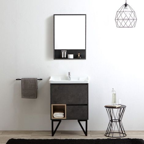 Mueble De Baño De Suelo Moderno Cm60 Gris Industrial Espejo Contenedor  Vienna (1/5)