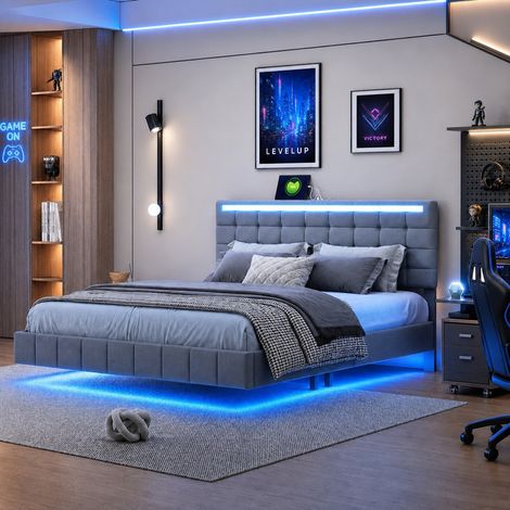 Lit double 160x200 avec LED et USB, tête capitonnée, cadre métal robuste, sommier à lattes inclus, design suspendu moderne, lin gris, chambre adulte (1/5)