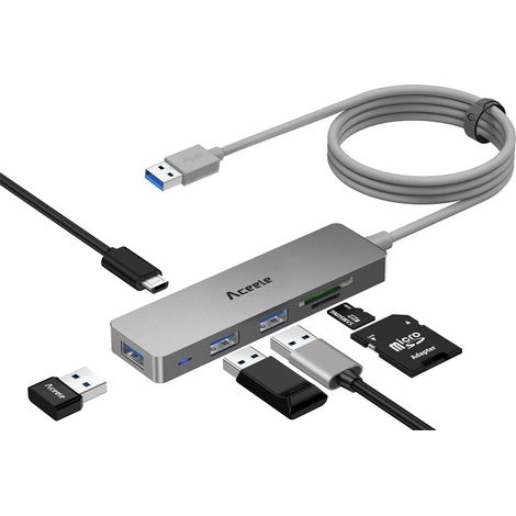 Hub USB 3.0 6 Ports, Ultra-Fin avec câble étendu de 4FT, SuperSpeed 5 Gbps, Port de Lecture SD/TF, Micro USB Port d'alimentation, pour MacBook Pro, Surface Pro, Dell XPS 15, Flash Drive. (1/5)