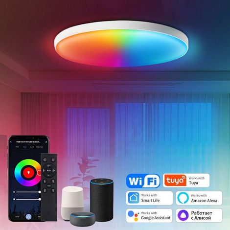 Plafonnier LED sans fil RGB 24 W, design moderne et rond, intensité variable, 3000-6500 K, avec télécommande et application. (1/4)