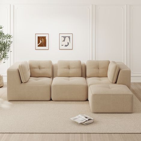 Canapé d’angle L modulaire avec ottoman,velours côtelé trois places. Siège profond sans assemblage nécessaire pour intérieur,beige. (1/5)