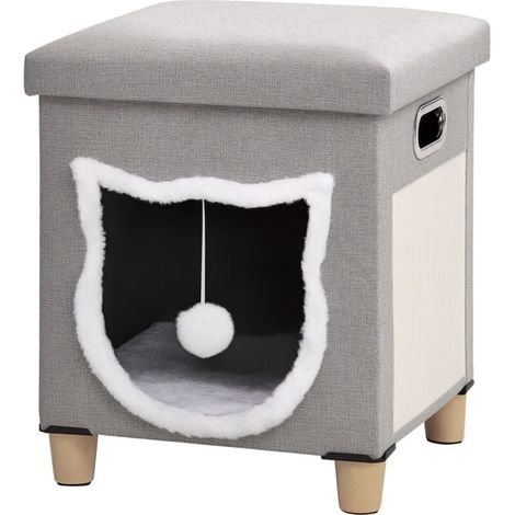 Niche chat interieur maison chat interieur 2 en 1 pied en bois coussin amovible lavable balle, 35,5x35,5x42,5cm, gris (1/5)
