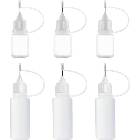 6 Pipettenfläschchen aus Kunststoff – 3 x 5 ml und 3 x 10 ml – flexibel und präzise – mit Nadelspitze – für Klebstoff, Tinte und Farbe – für Zuhause und Werkstatt (1/5)