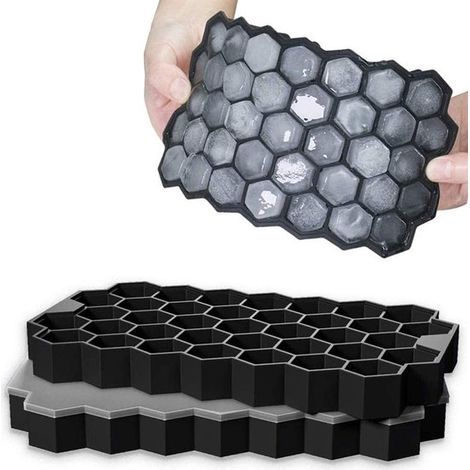 Juego de 2 cubiteras de silicona con 37 compartimentos, tapa, apilables, color negro, para whisky, cócteles y refrescos (1/5)