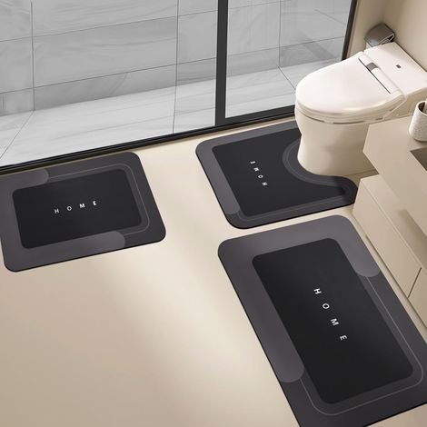 Tappetino da bagno semplice in fango diatomeo, tappetino assorbente per WC a forma di U ad asciugatura rapida, set da tre pezzi, nero