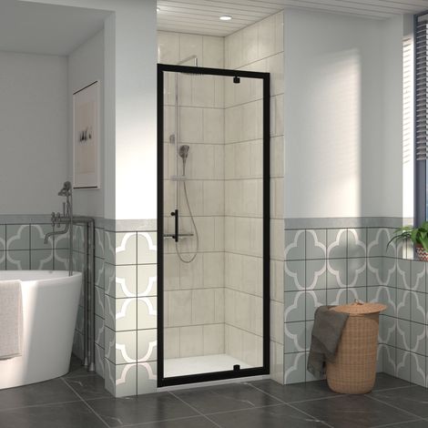 NRG 800mm Black Framed Bathroom Shower Enclosures Pivot Door with 800x700mm SMC Rectangle Shower Tray White (1/5)