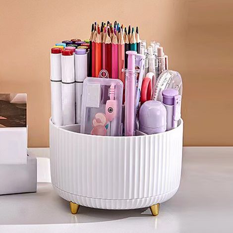 Porte-stylo de bureau à 5 compartiments, rotatif à 360°, pour ranger les fournitures de bureau, blanc. (1/5)