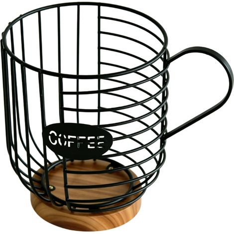Panier métallique pour dosettes de café en métal, avec Base en bois, support de grande capacité pour comptoirs de cuisine et bureau, noir (1/5)