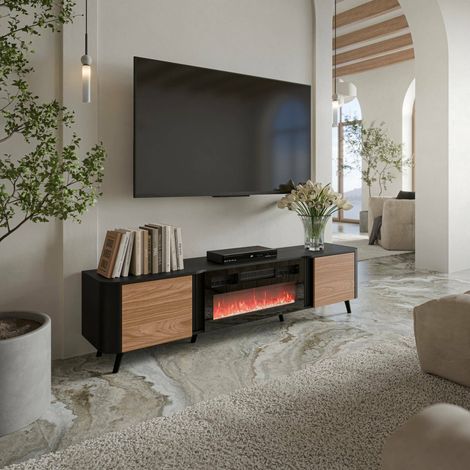 Mueble de TV Vicino, aparador de salón con dos puertas batientes y chimenea eléctrica, elevado del suelo, 191x40 h58 cm, negro y nogal (1/4)