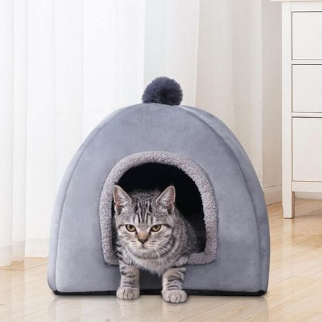 Nid Pour Animaux - Maison Chaude Pour Chien Chat Petit Moyen - Forme Ovale Confortable Avec Rembourrage Doux - 28 x 28 x 25 cm - Gris (1/5)