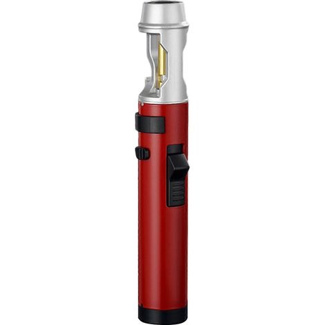 Briquet à butane coupe-vent (rouge) avec décapsuleur et torche à flamme jet rechargeable pour barbecue, camping, cigares et situations de survie. (1/5)