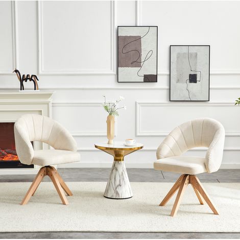 Set de 2 sillas de comedor giratorias 360° blancas en tejido texturizado con patas de madera maciza,46x49x84cm (1/5)