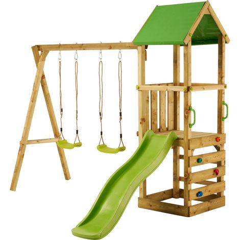 Kangui - Aire de jeux bois enfant WALLI 90 - Toboggan, balançoires, escalade et cabane
