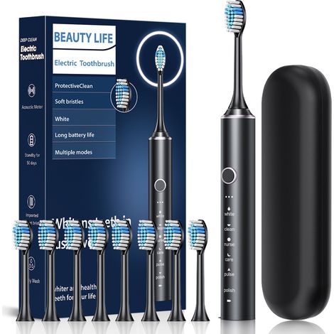 Brosse à dents électrique sonique adaptée aux adultes et aux enfants de plus de 12 ans, avec 8 têtes de brosse, brosse à dents de voyage et étui.-AquaForge
