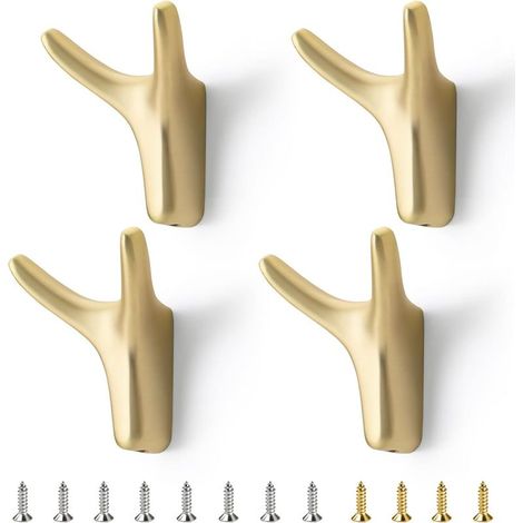 Juego de 4 percheros chapados en oro - Ganchos dobles de pared - Pinzas de ropa de estilo vintage - Percheros individuales - Ideales para colgar abrigos en el baño (1/5)
