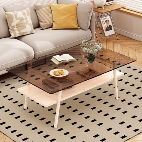 Table basse rectangulaire en verre trempé, 98 x 58 x 42,5 cm, blanc et marron HAVRYA (1/5)
