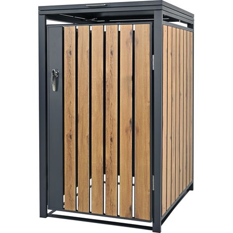 ML-Design Cobertizo Para Ocultar Cubo de Basura 240L Antracita Aspecto Roble 68x80x116,3 cm Caseta de Acero Para Jardín Exterior Contenedor Resistente A Intemperie Caja Con Tapa Abatible y Cerradura (1/5)