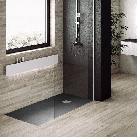 Receveur de douche 100 x 130 cm extra plat PURE en résine surface ardoisée anthracite Grille inox (1/5)