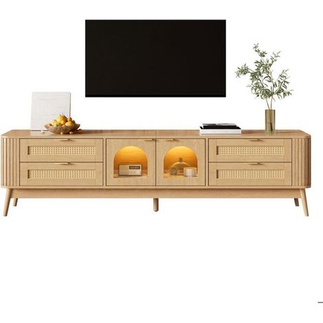 Meuble tv led éclairage led pilotable par application portes en verre trempé bombé structure en panneaux de particules pieds en bois (1/5)