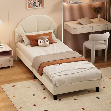 lit 90x200cm, lit enfant, Lit simple, Sommier à Lattes, Tête de lit réglable, cadre de lit, velours, Beige