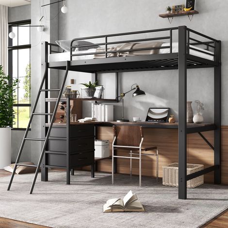 Letto a soppalco 90x200 cm con scrivania, Letto salvaspazio per bambini e ragazzi con 3 cassetti, Struttura in metallo e legno stile industriale, Nero (1/5)