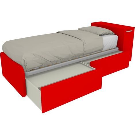 Letto singolo salvaspazio con cassetti e testata contenitiva - Rosso