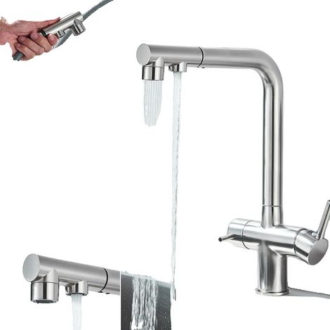Rubinetto da cucina con doccetta estraibile, girevole a 360°, finitura nichel spazzolato. (1/2)