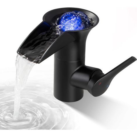Wasserhahn Bad Wasserfall Messing Waschtischarmatur LED Bad Wasserhahn mit RGB 3 Farbewechsel Waschbecken Armatur Schwarz Einhebelmischer Warm und Kalt Wasser Mischbatterien Bad