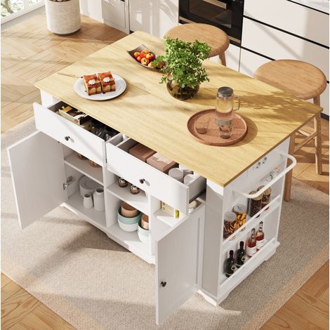 Isla de cocina plegable con enchufes, 151,5 x 59,7 x 91,7 cm, blanco y natural HAVRYA (1/5)