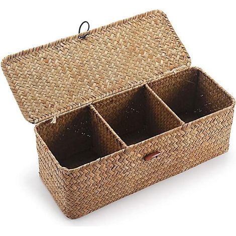 couleur Kaki Panier Rangement Jonc De Mer Avec Couvercle Rectangulaires Malle En Osier Avec Compartiment Pour Organiser Des Jouets De Collation En (1/5)