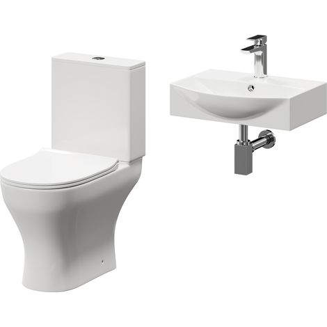 Tondela 500mm Wall Hung Basin and Toilet Suite including Square Polished Chrome Bottle Trap and Open Back Toilet (1/5)