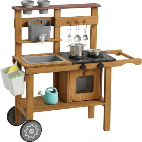 Cuisine d'extérieur en bois pour enfants de 3 à 6 ans, avec robinet, évier, jardinière, roues et rangement, marron.
