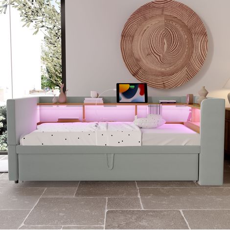 Cama sofá tapizada con almacenaje y LED gris claro OKMYHOME (1/5)