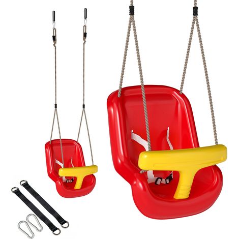 Columpio de exterior para bebés con respaldo alto y cuerdas ajustables.