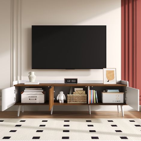 Mueble TV 160x39x49.5 cm blanco y natural en MDF y tablero de partículas con 3 puertas y borde elevado (1/5)