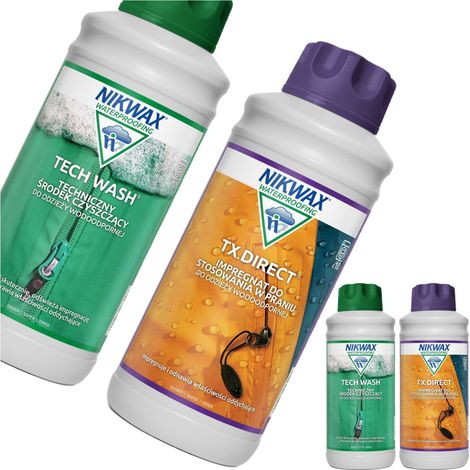 Kit NIKWAX TechWash TXDirect per l'impermeabilizzazione di abbigliamento tecnico con membrana Gore-Tex.