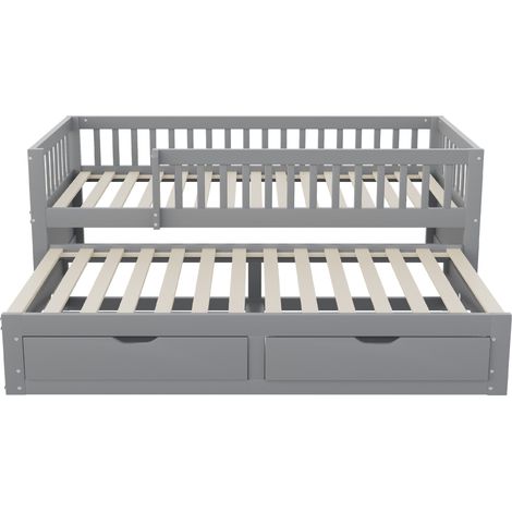 Lit banquette 90 x 200 cm en bois gris avec lit gigogne, 2 tiroirs et barrières de sécurité (1/5)