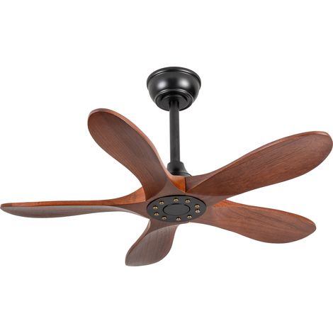 Ventilateur de plafond 90 cm sans éclairage 5 pales bois massif noyer et noir réversible 6 vitesses télécommande (1/5)