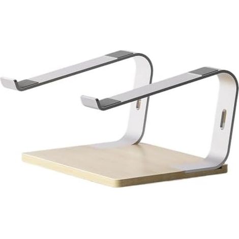 Support pour ordinateur portable, rehausseur de bureau, design ergonomique, aluminium, base en bois, 25 x 24 x 15 cm, argent (1/5)