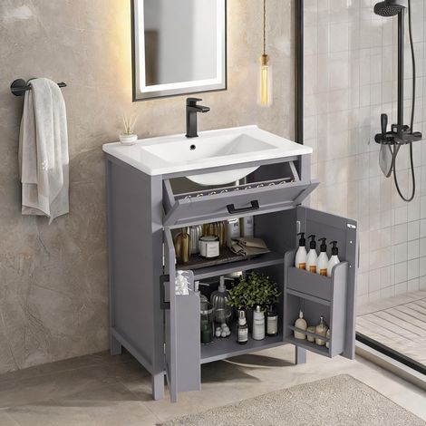 Vasque gris ardoise avec meuble rangement 2 portes et tiroir (1/5)