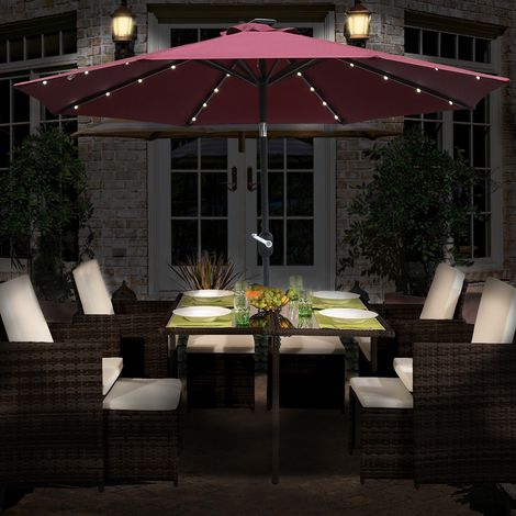 2.7M Solar LED Outdoor Parasol Garden Patio Tilt Crank Sun Shade Round Umbrella Wine Red (1/5)
