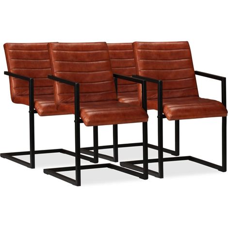 Chaises de salle à manger, ensemble de 4, cuir véritable, marron