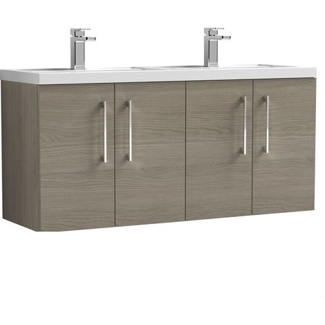 Balterley Bramshall 1200mm Wall Hung 4 Door Vanity Unit & Double Basin for Modern Bathroom Storage - Solace Oak