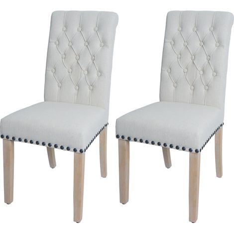 Lot de 2 chaises de salle à manger HHG-143, chaise de cuisine rembourrée, Chesterfield rivets tissu/textile, blanc