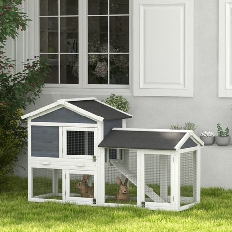 Clapier pour petits animaux avec enclos, bois de sapin, 147 x 54 x 84 cm, gris (1/5)